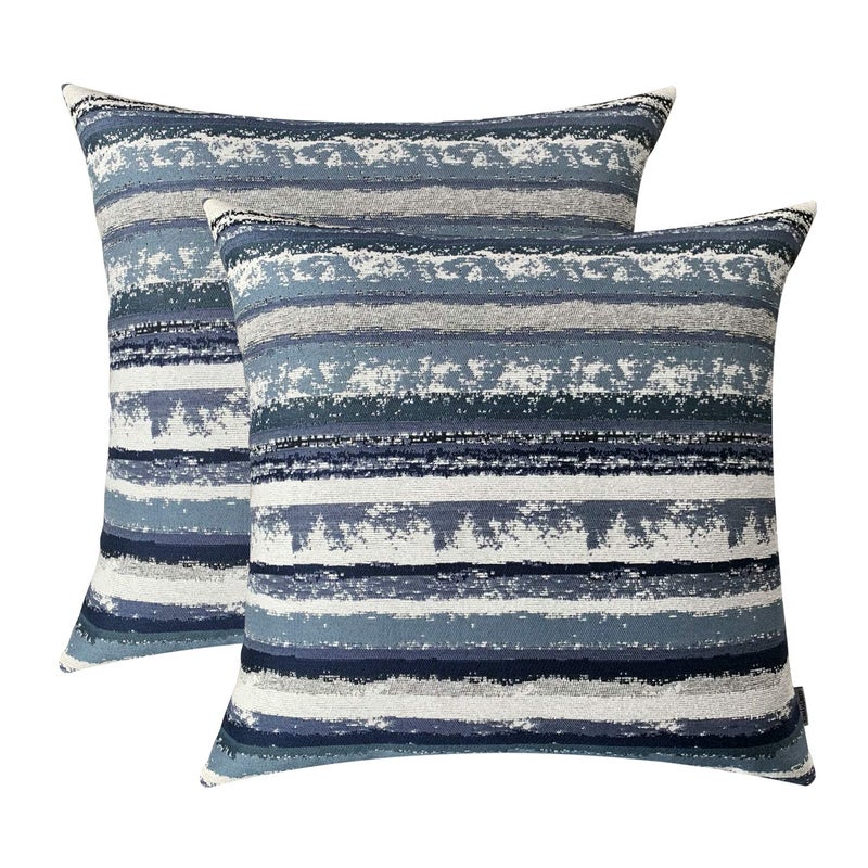 ROMANDECO Jacquard Striped Decorative Throw Pillow Covers for Couch Set of 2, 18x18 Inches, Navy Blue - Image 1